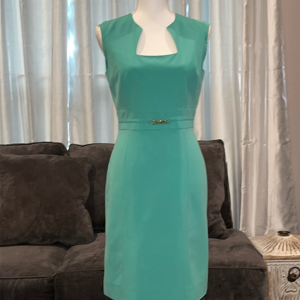 Tamari pretty sleeveless dress. Beautiful neckline. Gold tone buckle on front 4